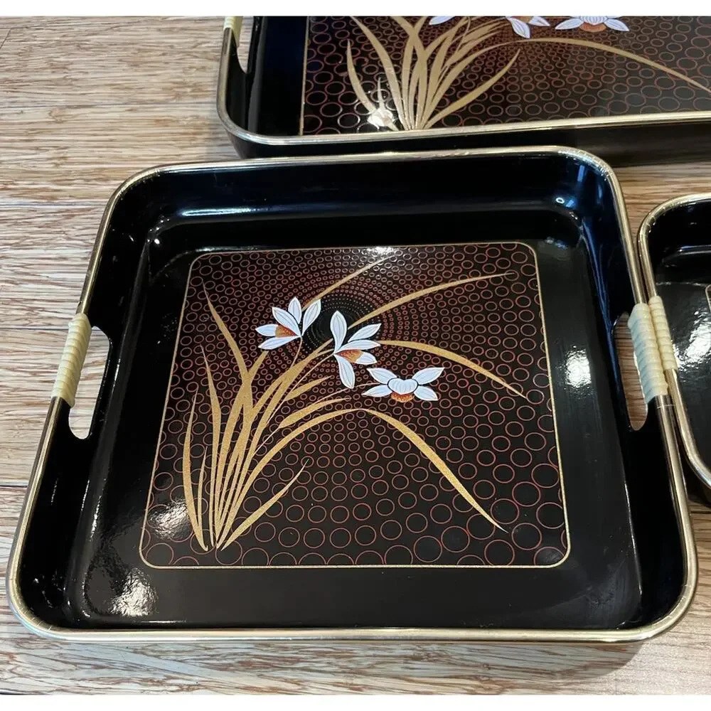 VTG Set Of 3 Japanese Nesting Trays Black Lacquer Ware Set of 3 Gold Red Floral